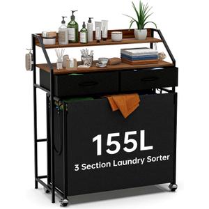 Laundry Sorter with 3 Section Pull Out Bags Rolling Laundry Basket Organizer with 2 Drawers Laundry Hamper with Shelves and Wheels for Laundry Room, Bathroom, Bedroom Organization(2 Tier)