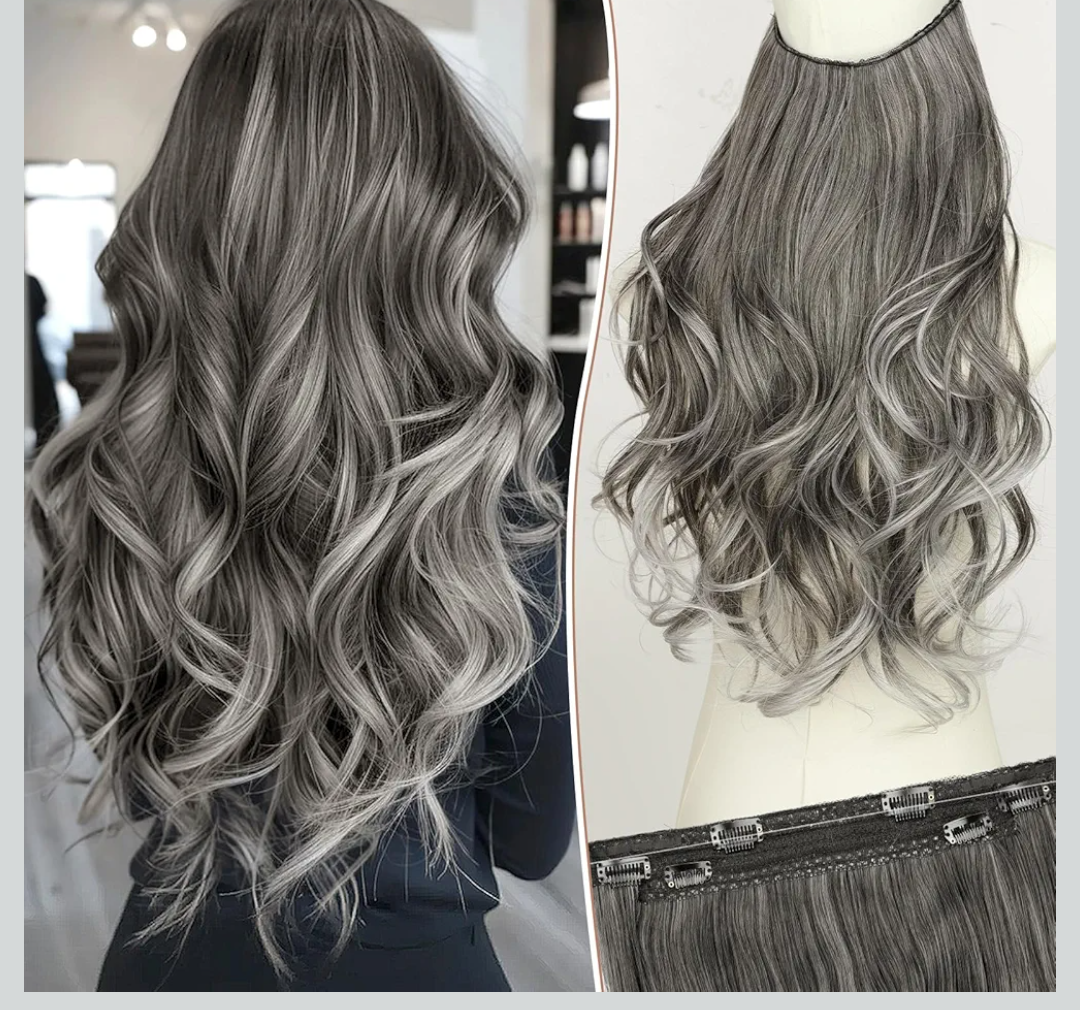 KooKaStyle Invisible Wire Hair Extensions Long Wavy Layered Synthetic Hair Extensions with Transparent Wire Adjustable Size 6 Secure Clips Grey/Sliver Mixed Hairpieces for Women 20 Inch