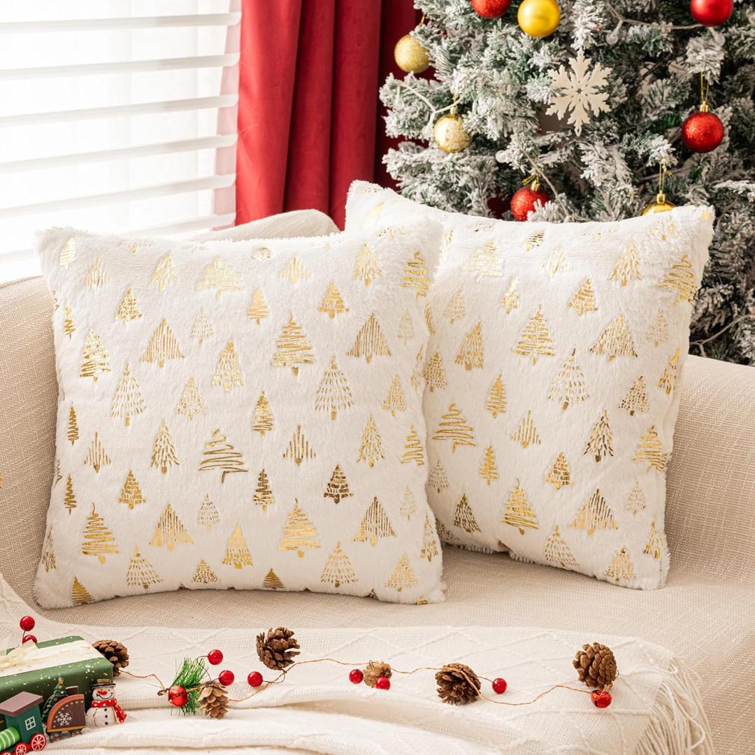 AQOTHES Christmas Tree White Throw Pillow Covers 24x24inch, Set of 2 Winter Holiday Decorative Faux Fur Fuzzy Pillows Covers with Glitter Printed for Christmas Decor Sofa Couch Home