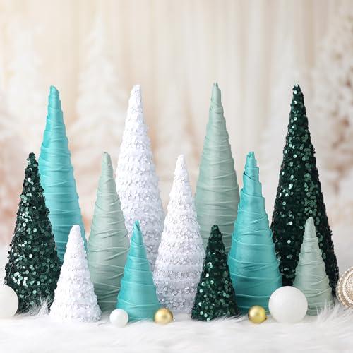 Ireer 1 Pcs Christmas Velvet Trees Set Various Size Velvet Cone Modern Decorations Indoor Table Tree Centerpiece Minimalist Xmas Holiday Winter Home Decor(Green White)