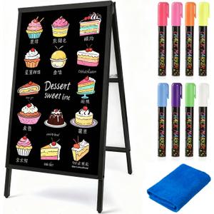 USCNC 1 Pack 40" x 20" Inch A Frame Chalkboard Sign Double-Sided Folding Sandwich Board Heavy Duty Slide-in Sidewalk Signboard for Outdoor Street Advertising Poster