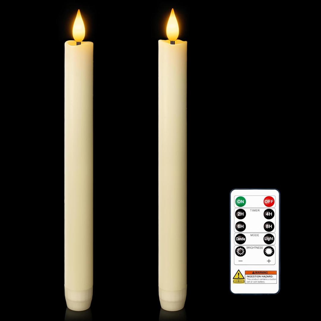 Homemory 2 Pcs Real Wax Made Flameless Taper Candles with Remote and Timer, 9.6" Ivory Battery Operated Candle Stick Flickering, Led Taper Candles with Lifelike Flame for Indoor Home Decor