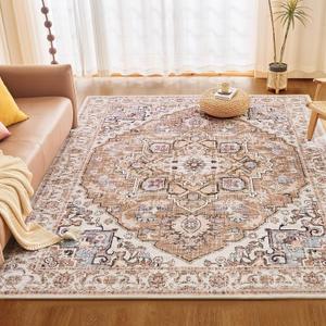 ROCYJULIN 6x9 Area Rug for Living Room and Bedroom - Faux Wool, Low-Pile With Non-Slip TPR Backing - Large Washable Carpet for High Traffic, Coffee Beige & Cream