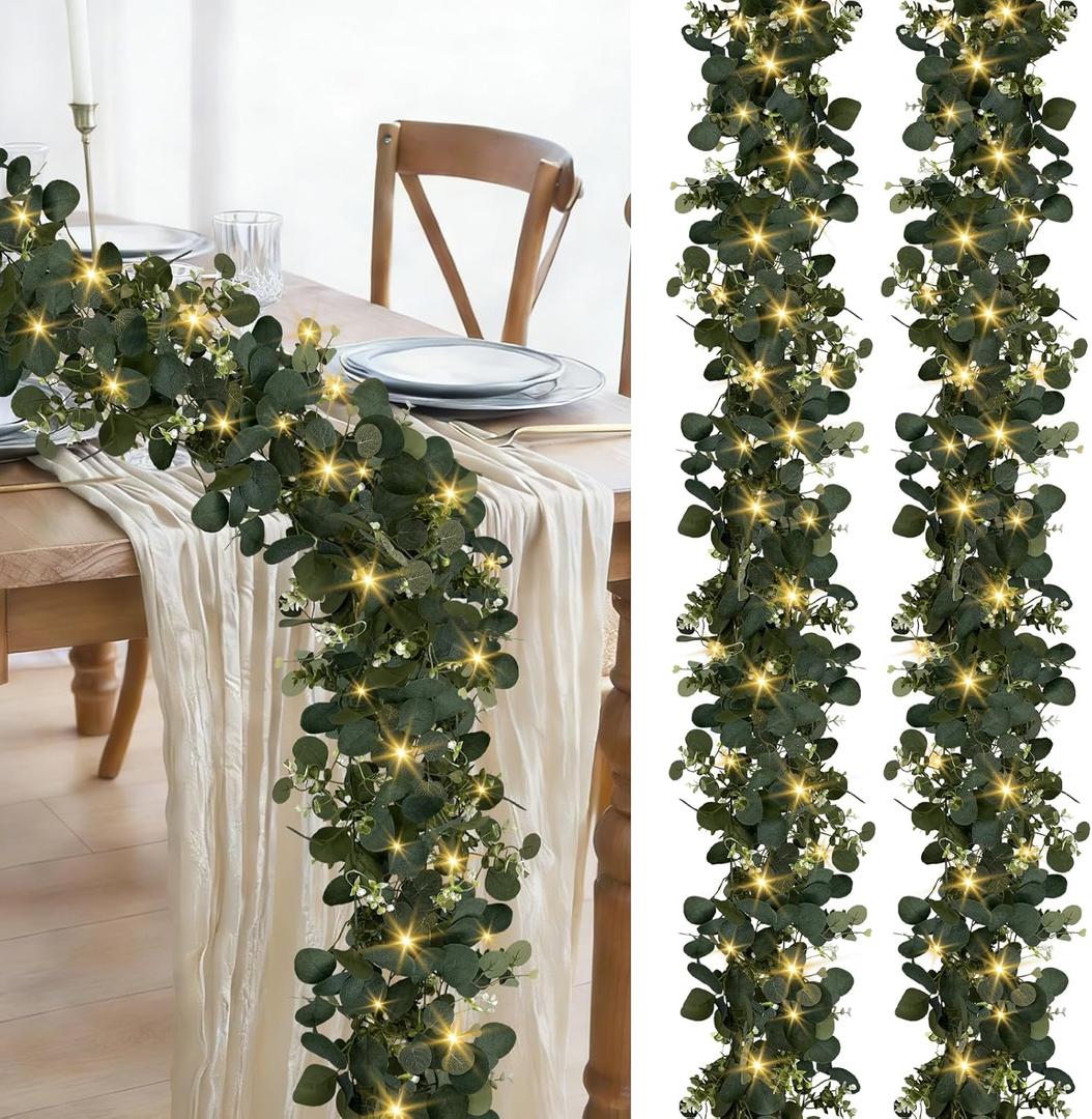 Eucalyptus Garland with Lights, 2 Packs 6FT Artificial Lighted Garland, Spring Summer Green Faux Garlands for Indoor Outdoor Home Decor Table Runner Wedding Arches Centerpieces Backdrops Decor