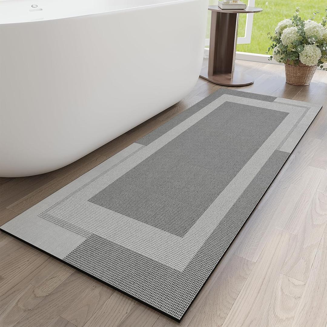 YDKGL Non Slip Long Bathroom Runner Rug Bath Mat, Rubber Backing Ultra Thin Bathroom Rugs Fit Under Door Quick Dry Super Absorbent Washable Shower Mat for Bathtub Sink Floor, Grey 17"x59" (Light Gray)