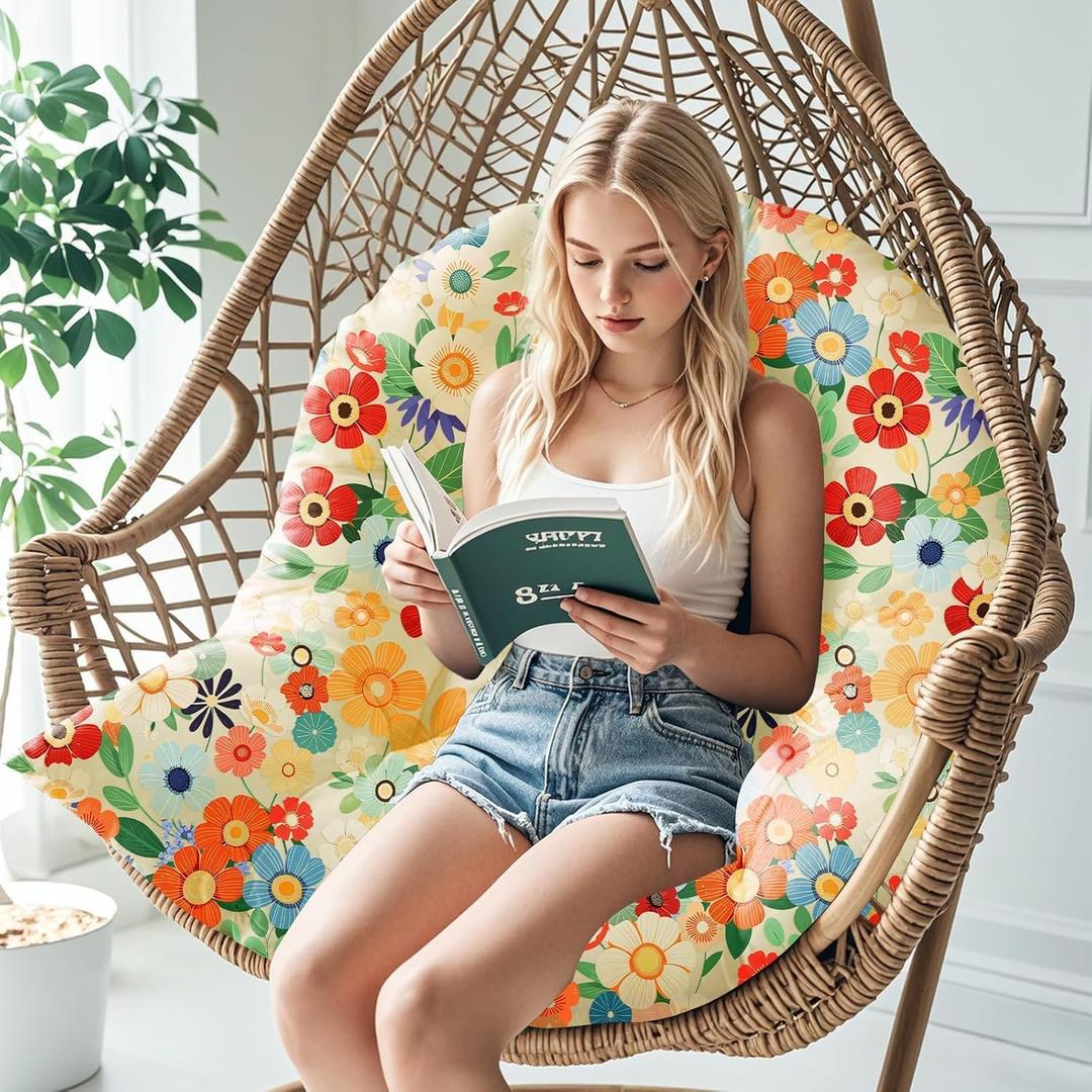 Waterproof Egg Chair Cushion Replacement Outdoor Hanging Chair Cushion 47x35x7 Inches Thicken Egg Chair Cushions with Ties, Daisy