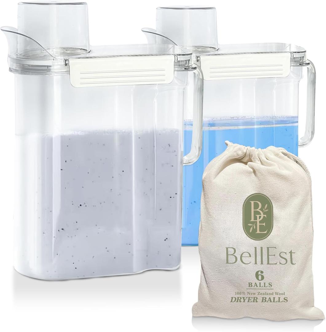 2 Pack 101 oz Plastic Detergent Dispenser , Laundry Detergent Dispenser with Handle for Better Grip , Laundry Soap Dispenser with 6 Pieces of Dryer Wool Balls Included.