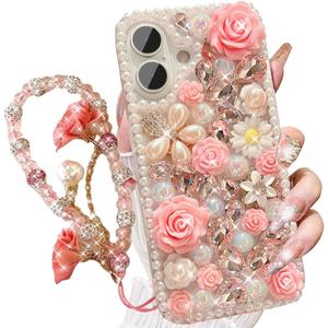Bling Case Luxury Cute Diamond Glitter Crystal Rhinestone 3D Rose Flowers Pearl Handmade Phone Cover for Women Girls with Wrist Strap,Pink