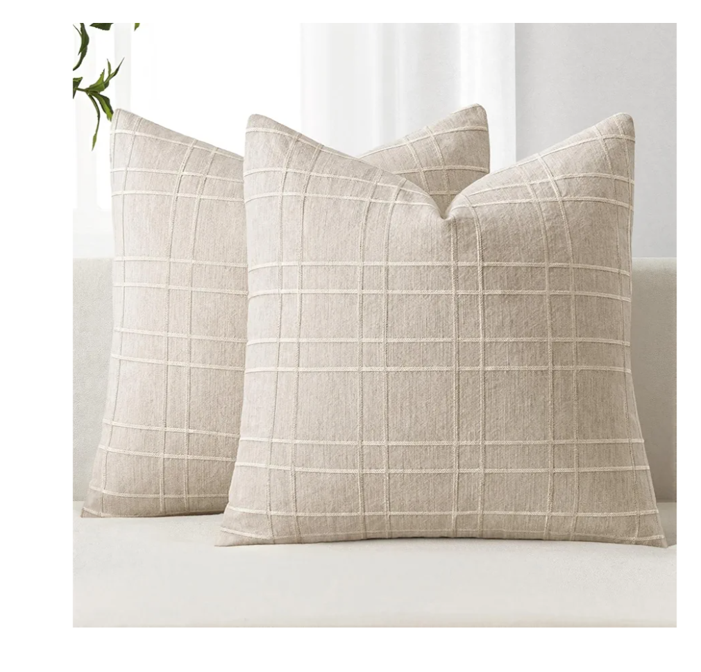 MIULEE Decorative Linen Check Throw Pillow Covers Neutral Farmhouse Vintage Pillow Covers 20x20 Set of 2 Boho Modern Home Decor for Sofa Couch Bedroom Cushion Natural Beige
 3