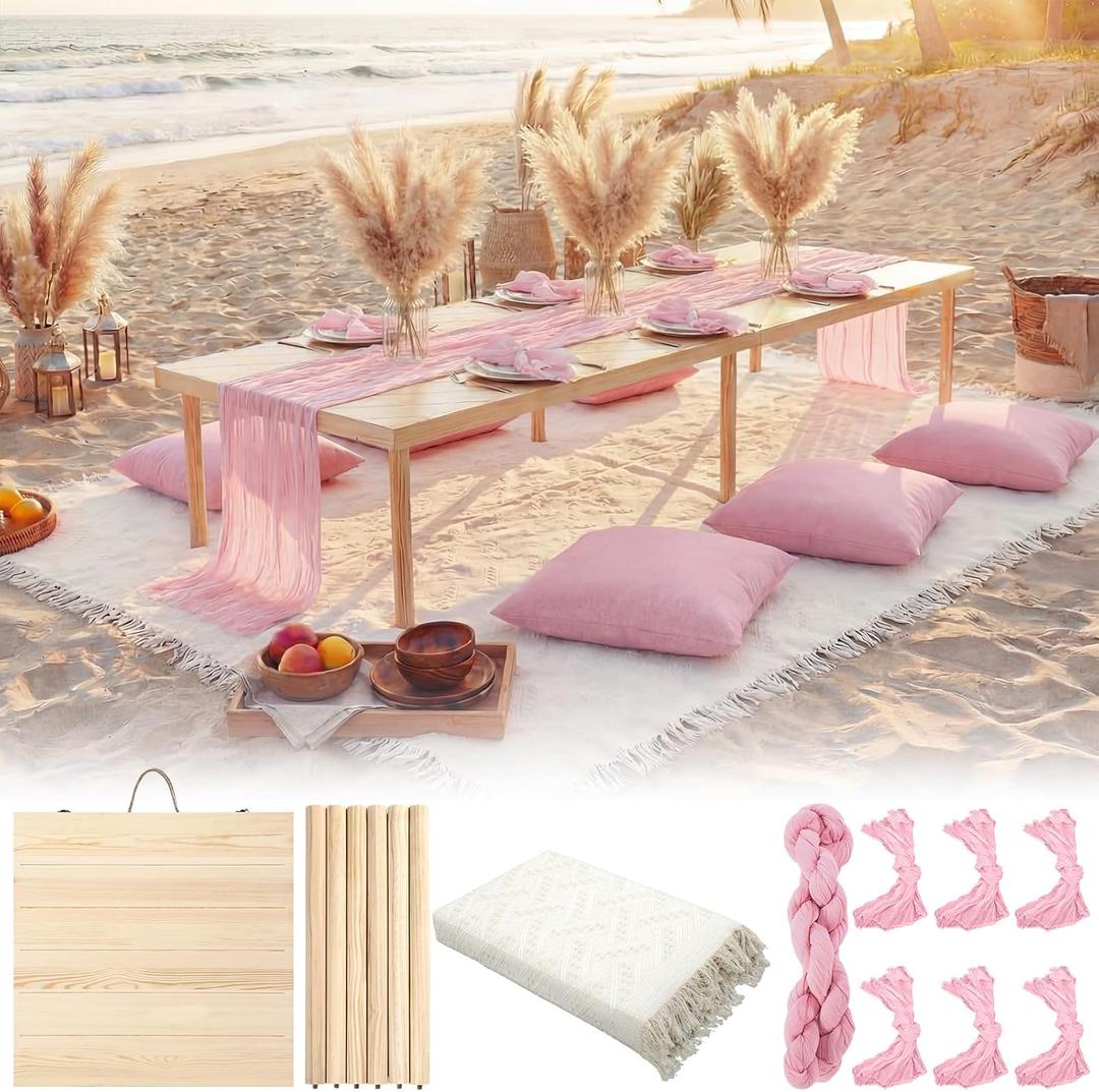 Novabright Boho Picnic Kit 22'' x 44'' Folding Picnic Table 91" x 71" Extra Large Outdoor Boho Blanket with Pink Table Runner and 6 Napkins for Camping Wedding Birthday Baby Shower Party Decor