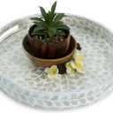 CLAYNIX Serving Tray 12.5 Inch, Lacquer Mother of Pearl Inlay Mosaic Tray, Round Wooden Marble Tray with Handles Trays for Tea, Breakfast (White)