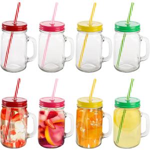 Suwimut 8 Pack Glass Mason Jar Cups with Lid and Straw, 16 oz Wide Mouth Reusable Mason Jar Drinking Glasses with Handle, Old Fashioned Clear Tumbler Mugs for Juice, Smoothie, Kombucha, Tea