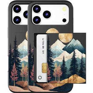 Compatible for iPhone 17 Pro Max Case with Card Holder Cute - Kawaii Design Military-Grade Drop Protection Rugged Wallet Cases for Women (Black Abstract Mountain)
