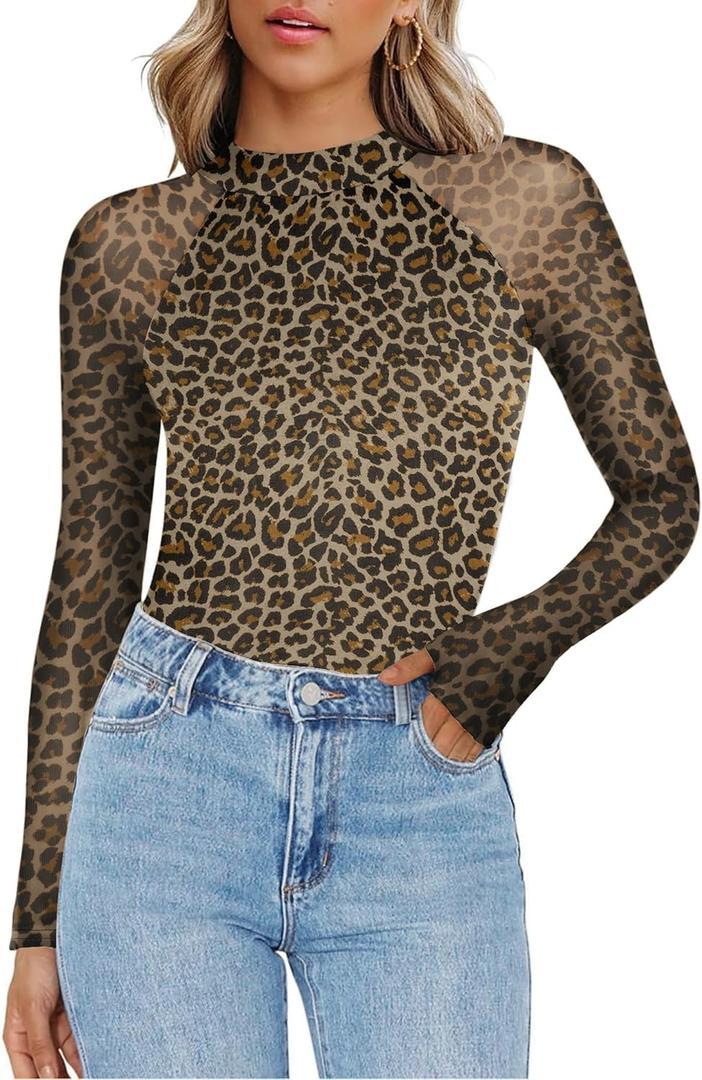 Zeagoo Long Sleeve Shirts for Women Floral Mesh Sheer Top Mock Neck Double Lined Fitted Going Out Blouses (L)