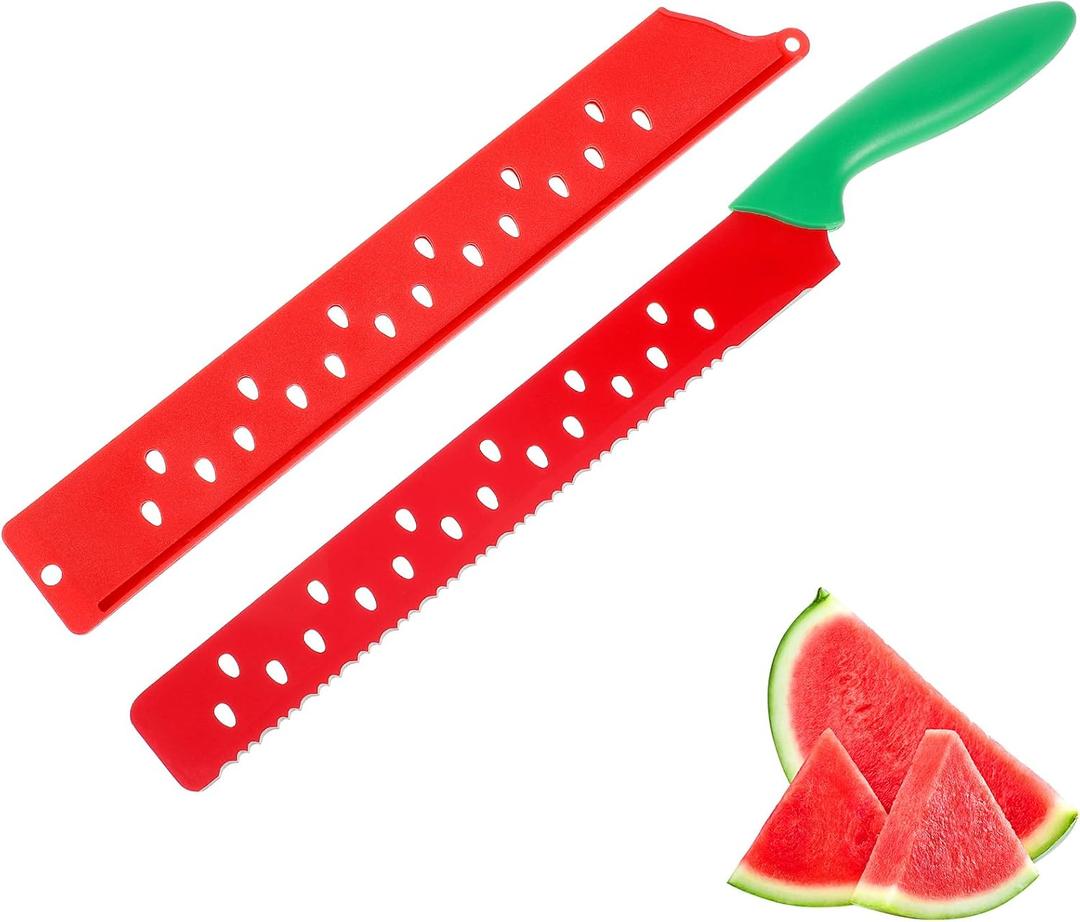 Watermelon Knife with Sleeve for Melon Cutting, Long Serrated Bread Lettuce Vegetable Knife, Kitchen Fruit Melon Tomato Cutter Slicer, with Cover for Home Summer Party Camping Outdoor (Red Green)