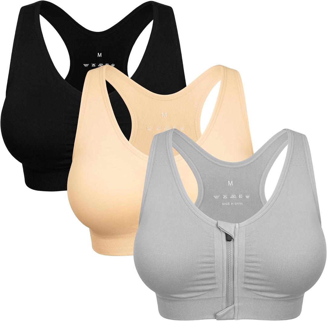 Women's Zip Front Sports Bra Wireless Post-Surgery Bra Active Yoga Sports Bras (X-Large, 3 Pack(black+flesh+light Gray))
