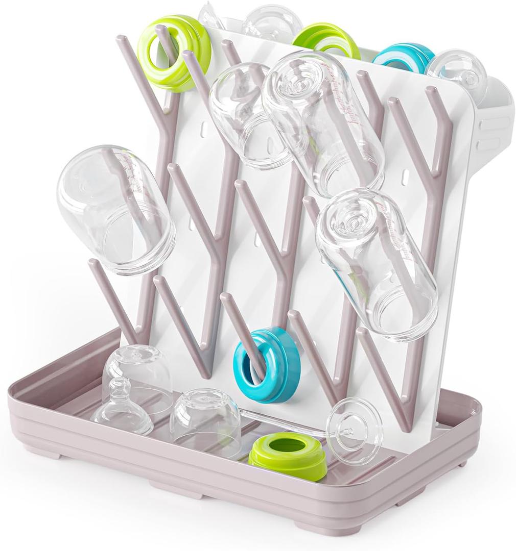 SpaceAid Baby Bottle Drying Rack with 20 Hooks, Space Saving Kitchen Bottles Rack Dryer, Vertical Baby Bottle Holder Organizer for Countertop Storage Accessories (White and Taupe)