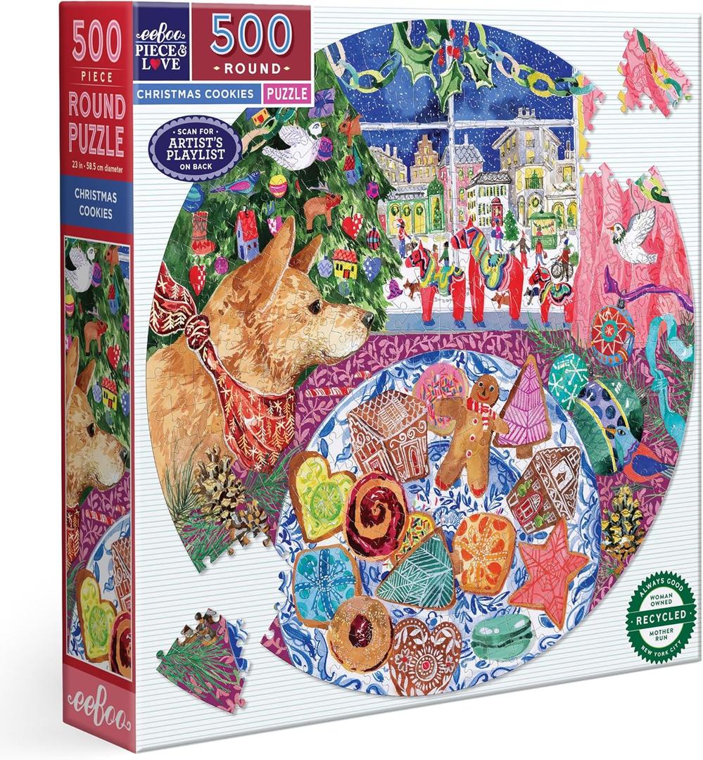eeBoo Piece & Love: Christmas Cookies - 500 Piece Puzzle - 23" Round Jigsaw, Holiday-Themed Dog & Dessert Scene, Eco-Friendly, Playlist, Adult & Kids