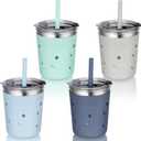 Tiblue Kids & Toddler Cups, 4 Pack 8oz Spill Proof Stainless Steel Tumblers with Leak Proof Lids, Silicone Straw with Stopper & Sleeve, BPA FREE Snack Smoothie Drinking Cup for Baby Girls Boys (Coastal)