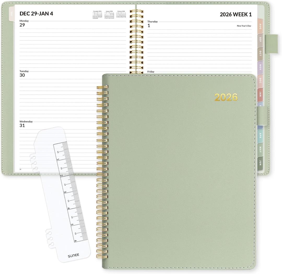 2 x SUNEE 2026 Planner, Weekly and Monthly Calendar Planner 9"x11.2"- 12 Month (January 2026 - December 2026), Vegan Leather Cover, Pocket, Bookmark, Notes, Monthly Tab, Sage Green