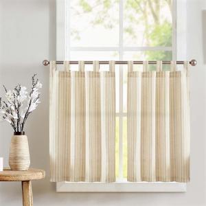 jinchan Tab Top Linen Kitchen Curtains 24 Inches Striped Tier Curtains Farmhouse Modern Cafe Style Small Window Treatments Airy Light Filtering Rod Pocket for Living Room Bathroom 2 Panels Beige