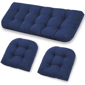 Wicker Furniture Cushions Set, Waterproof Patio Cushions for Outdoor Chairs 3 Pieces, 1 Loveseat & 2 Seat Pads Thick Outdoor Replacement Cushions for Porch Lawn Bench Couch Sofa, Navy Blue