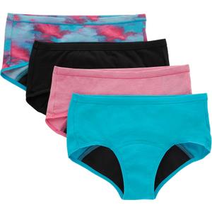 Hanes Girls' Comfort, Period. Boys'hort & Hipster Period Underwear, Moderate Protection, Multi-Pack (16, Boyshort - Pink/Blue/Black - 4 Pack)
