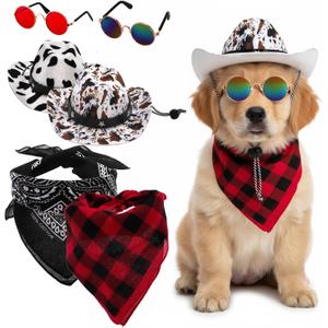 Eorbow 6 Pack Dog Cowboy Costume, Pet Cow Boy Hat for Halloween, 2 Adjustable Cat Cow Boy Hats with 2 Pcs Bandana Scarfs & 2 Sunglasses, West Cowboy Cosplay Party Accessories for Small Dog Cat