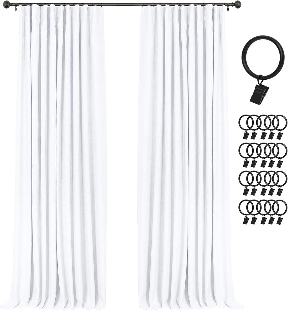 INOVADAY 100% Blackout Curtains for Bedroom, Black Out Curtains 102 Inch Long, Clip Rings Linen Blackout Drapes, Thermal Insulated Room Darkening for Living Room, 2 Panels - Brightwhite,W50xL102