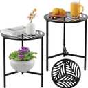 Party Zealot Set of 2 Small Round Metal Side Tables, 13-Inch Black Outdoor End Tables for Patio, Balcony, Porch or Garden  Weather-Resistant Corner Coffee Table for Small Spaces & Indoor Plant Stand (Black Hollow Leaf)