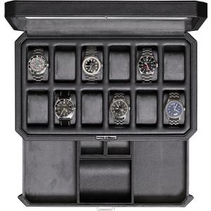 ROTHWELL 12 Slot Leather Watch Box with Valet Drawer - Luxury Watch and Jewelry Case Display Organizer, Microsuede liner, Mens Locking Storage Holder Large Glass Top (Black/Grey)