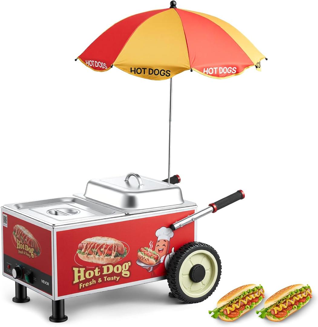 VEVOR Hot Dog Steamer Cart, 1200W Electric Stainless Steel Hot Dog Steam Machine, 86-203F Temp Adjustable, Portable Cart with Eye-Catching Umbrella & Wheels, for Bakeries, Food Stands, Parties