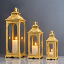 TRIROCKS Set of 3 Vintage Candle Lanterns 10/14/19.5''H Decorative Outdoor Lantern Metal Candle Holder with Tempered Glass for Home Living Room Garden Yard Event Indoor Outdoor (Black with Gold Brush)