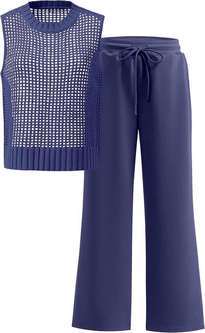 ANRABESS Women 2 Piece Summer Outfits 2025 Crochet Sweater Vest Wide Leg Pants Lounge Matching Sets Travel Vacation Clothes (Large, Navy Blue) ANRABESS Women 2 Piece Summer Outfits 2025 Crochet Sweater Vest Wide Leg Pants Lounge Matching Sets Travel Vacation Clothes (Large, Navy Blue)