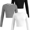 RoseSeek Girl's Long Sleeve Shirts Crew Nekc Slim Fitted Tight Fall Basic Tees Cute Crop Tops for Girls (Black and White)