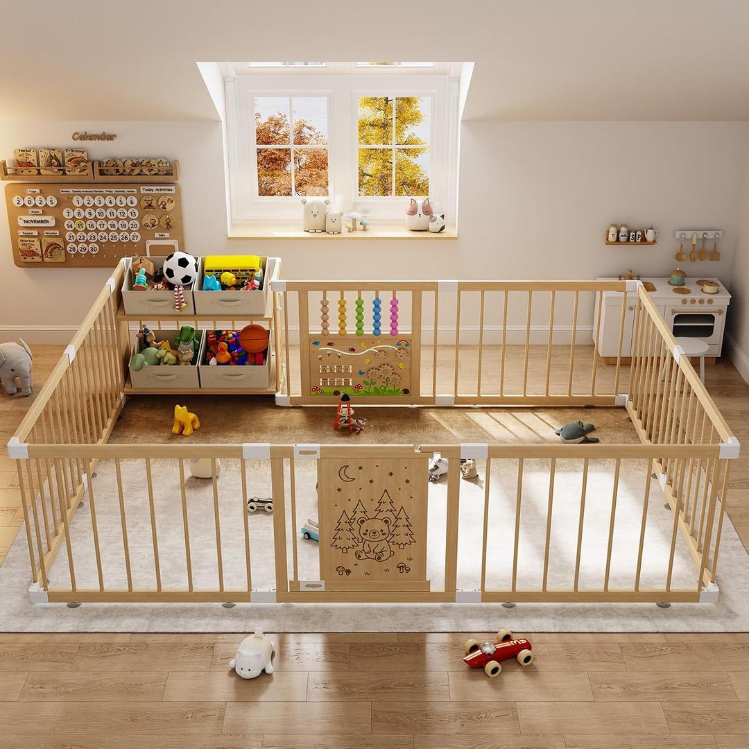 IKALIFE Large Wooden Baby Storage Playpen - Adjustable Play Yard for Babies and Toddlers, Baby Fence Activity Center with Locking Gate, 4 Toy Storage Cases Portable Play Pen 9+3 Panels 47.24”×70.86”