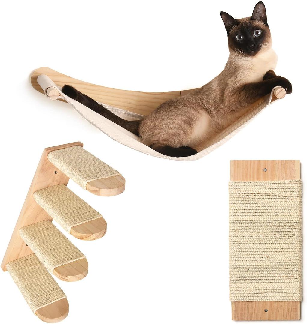 Cat Wall Shelves - Four Step Cat Shelf with Scratch Board, Mounted Cat Shelves, Sturdy Cat Wall Furniture for Indoor Cats, Kittens - Extra Cat Wall Hammock Cover Included