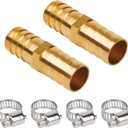 3/4" Barb Fitting, Brass Hose Barb Union Splicer, Heavy-Duty and Leak-Free Hose Repair Kit for Air, Water, Fuel Line, 4 Stainless Steel Clamps Included, 2 Pack