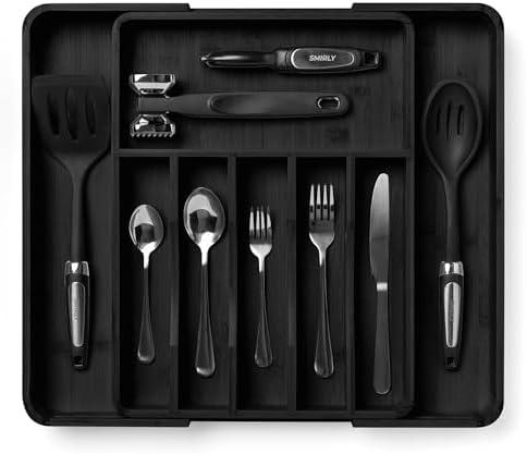 SMIRLY Silverware Drawer Organizer – Bamboo Kitchen Drawer Organizer, Adjustable Utensil Holder and Cutlery Tray, Drawer Dividers for Flatware and Kitchen Utensils, Black  SMIRLY Silverware Drawer Organizer – Bamboo Kitchen Drawer Organizer, Adjustable Utensil Holder and Cutlery Tray, Drawer Dividers for Flatware and Kitchen Utensils, Black