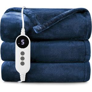 HYLEORY Heated Electric Blanket Throw, 2-Layer Cozy Warm Flannel 50" x 60", Heating Blanket with 9 Heating Levels, 2/4/6/10 Hours Auto Off, Fast Heating Winter Blanket, Navy Blue