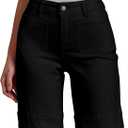 luvamia Bermuda Shorts for Women High Waisted Trendy Patch Pocket Casual Vintage Long Stretchy Denim Shorts Summer Jorts (Large, Black)