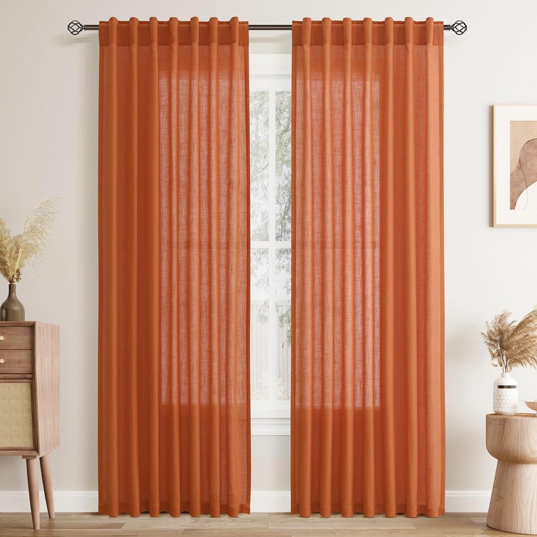 Joywell Burnt Orange Back Tab Rod Pocket Linen Curtains 84 Inches Long 2 Panels for Living Room Bedroom Neutral Boho Farmhouse Rustic Light Filtering Semi Sheer Curtains Window Treatment 40x84