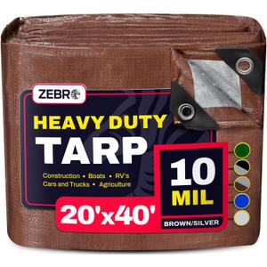 20' x 40' Brown/Silver Heavy Duty Tarp with Grommets Reinforced - 10 Mil Thick - Double Sided Plastic Waterproof Tarps - Large Tarpaulin Cover for Outdoor Camping Tent Tarp RV Roof Rain - Zebro
