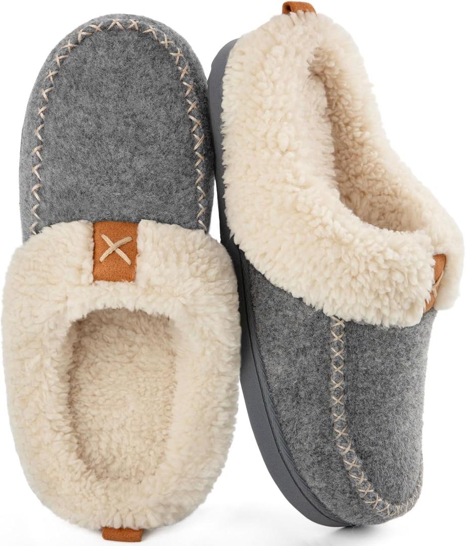Womens Felt Sherpa Warm Slippers Bedroom Cozy Memory Foam Moccasin House Shoes with Fuzzy Plush Lining for Winter Indoor Outdoor (7-8, Grey)