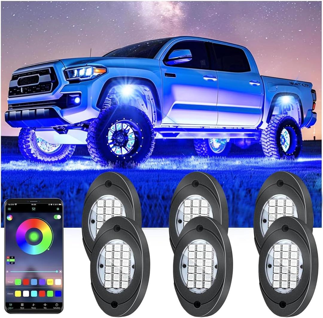 6 Pods RGB LED Rock Lights, Underglow Multicolor Neon Light Kit Wheel Well Light with APP Control & Music Mode, Under Glow Lights for Trucks,Jeep,SUV,Golf Cart,ATV,Pickup Off Road,12 V