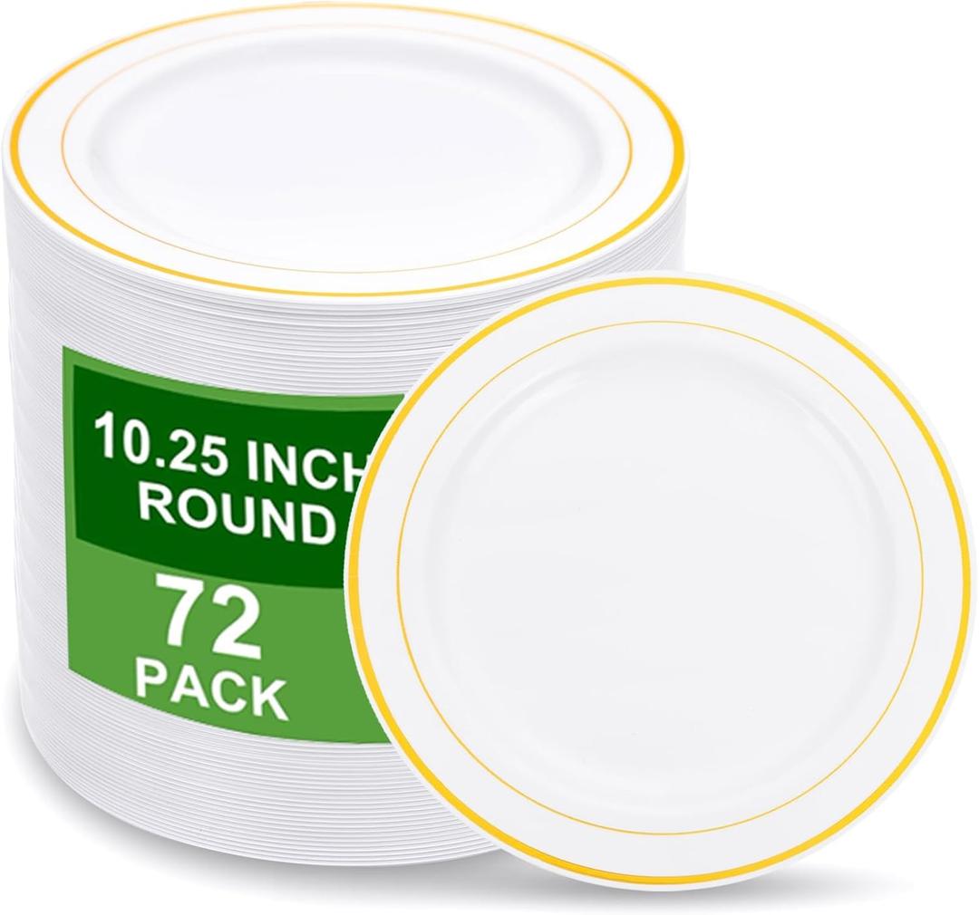 WELLIFE 72PCS Gold Plastic Plate, 10.25Inch Disposable Dinner Plate Party with Gold Rim, Heavy Duty Disposable Plastic Plates for Party, Wedding, Birthday