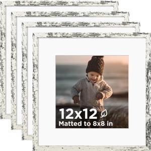 KINLINK 12x12 Picture Frame Rustic White Set of 4, Wooden Square Photo Frames Matted 8x8 with Plexiglass for 8x8 with Mat or 12x12 without Mat for Table and Wall Display