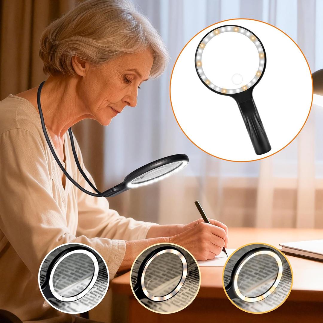 Hands Free Magnifying Glass with Light for Close Work, Neck Wear Magnifier for Reading Books, Sewing, Cross Stitch, Low Vision Seniors with Aging Eyes,5 Inch 5X & 10X Lighted Magnifying Glass