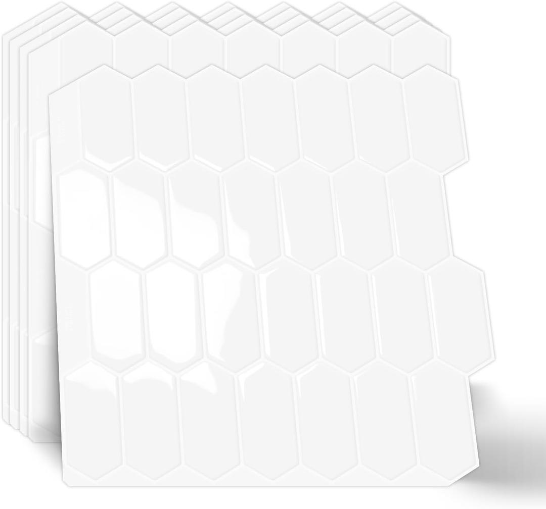 10-Sheet Long Hexagon Peel and Stick Kitchen Backsplash Tiles,3D Waterproof Self-Adhesive Wall Tile Stick on Backsplash for Kitchen, Bathroom, Fireplace,RV(White,12"12")
