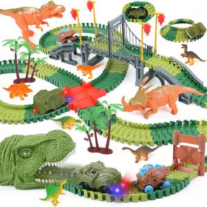 Dinosaur Track Toys for Kids - Best Birthday Gifts for 3 4 5 6 7 Year Old Boys, Flexible Race Car Track Set with Light & Sound, Create a Dino World Adventure